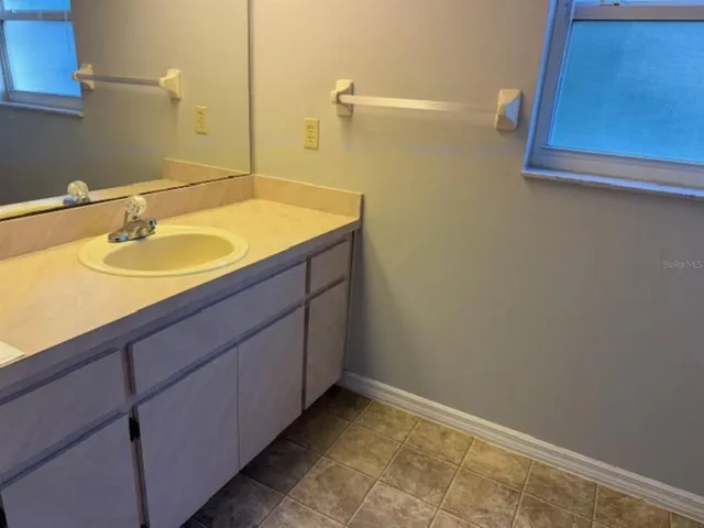 a bathroom with a sink and a mirror