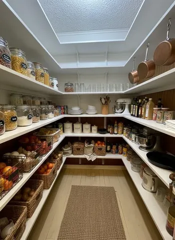 a kitchen with lots of clutter and cabinets