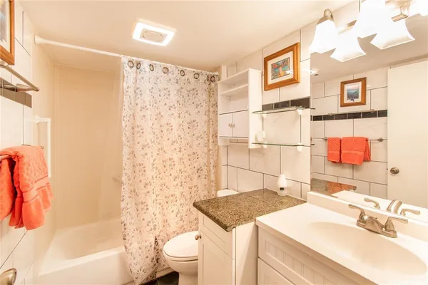 a bathroom with a sink toilet vanity and shower