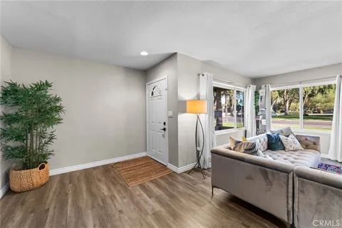 a living room with furniture and a potted plant