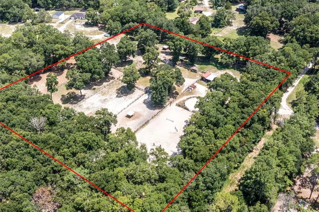 an aerial view of a house with a yard and large trees