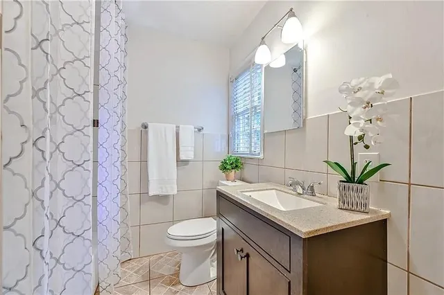 a bathroom with a sink mirror and toilet