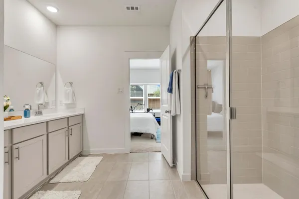 a bathroom with a sink a mirror and a potted plant