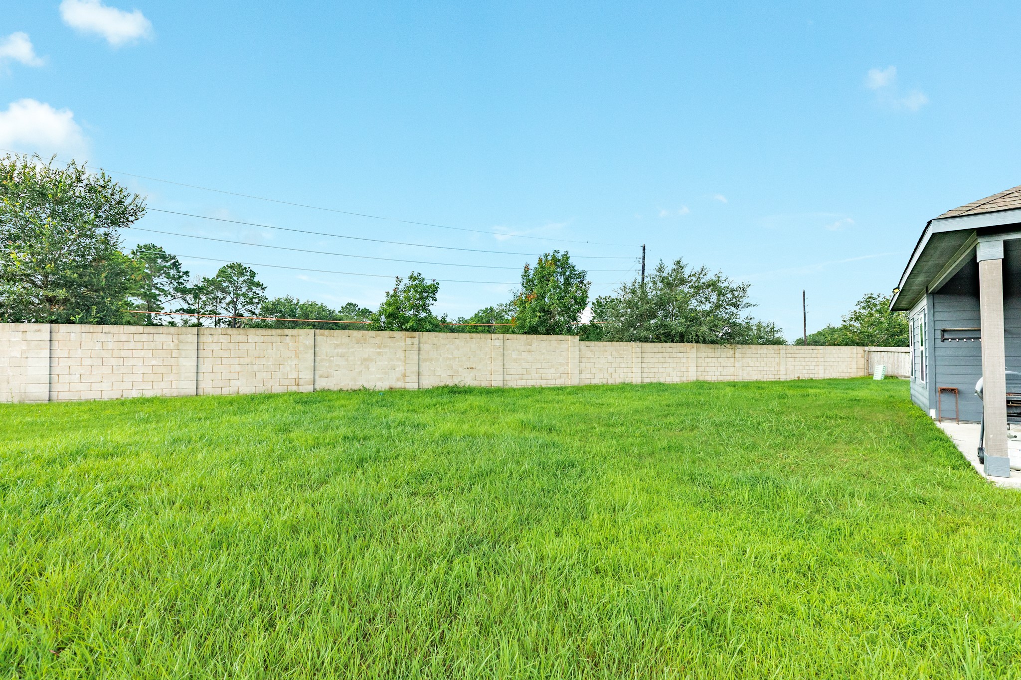 2446 Palisade Crst Drive Rosharon, TX 77583 - Photo 26 of 30 Spacious backyard with lush green grass, bordered by a tall privacy fence. Ideal for outdoor activities and relaxation.