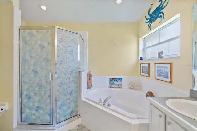 a bathroom with a tub a sink and a shower