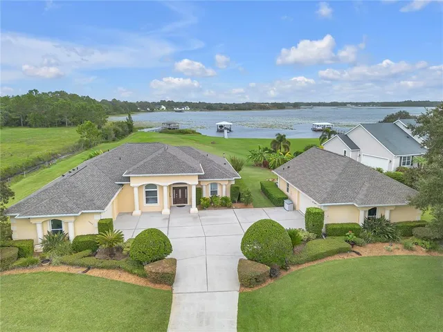 an aerial view of a house with garden space and a large tree