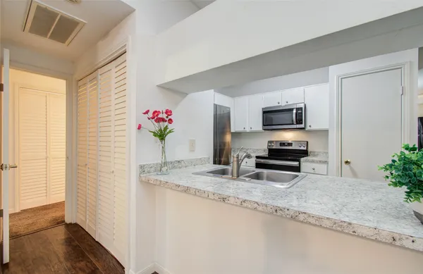 a kitchen with granite countertop a sink cabinets and a potted plant