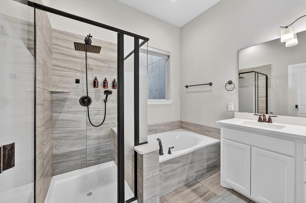 4224 Riverside Drive Flower Mound, TX 75028 - Photo 17 of 23 a bathroom with a granite countertop sink mirror bathtub and shower
