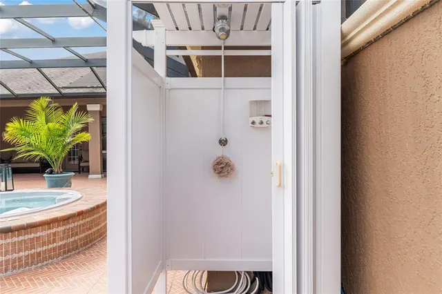a dining room with furniture window and outside view