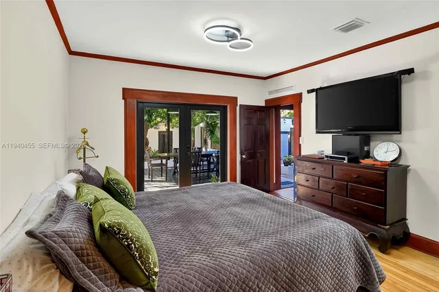 a bedroom with a bed and a flat tv screen on dresser