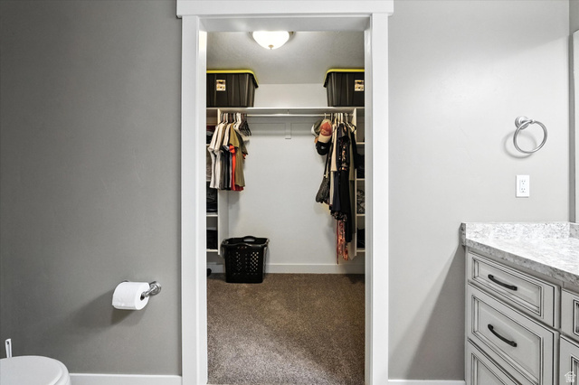 1055 West 2500th Street South Logan, UT 84321 - Photo 22 of 53 Primary closet, carpeted walk-in closet, built in shelving and hanging rods