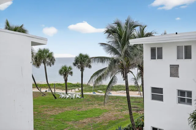 a front view of a house with a palm tree