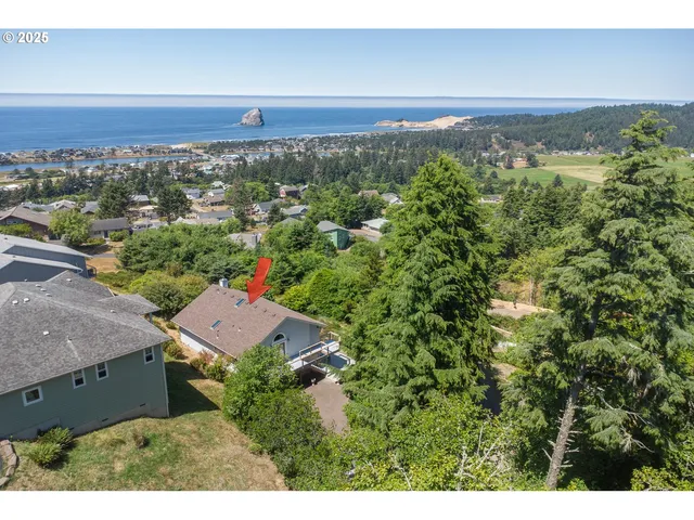 an aerial view of a house with a yard
