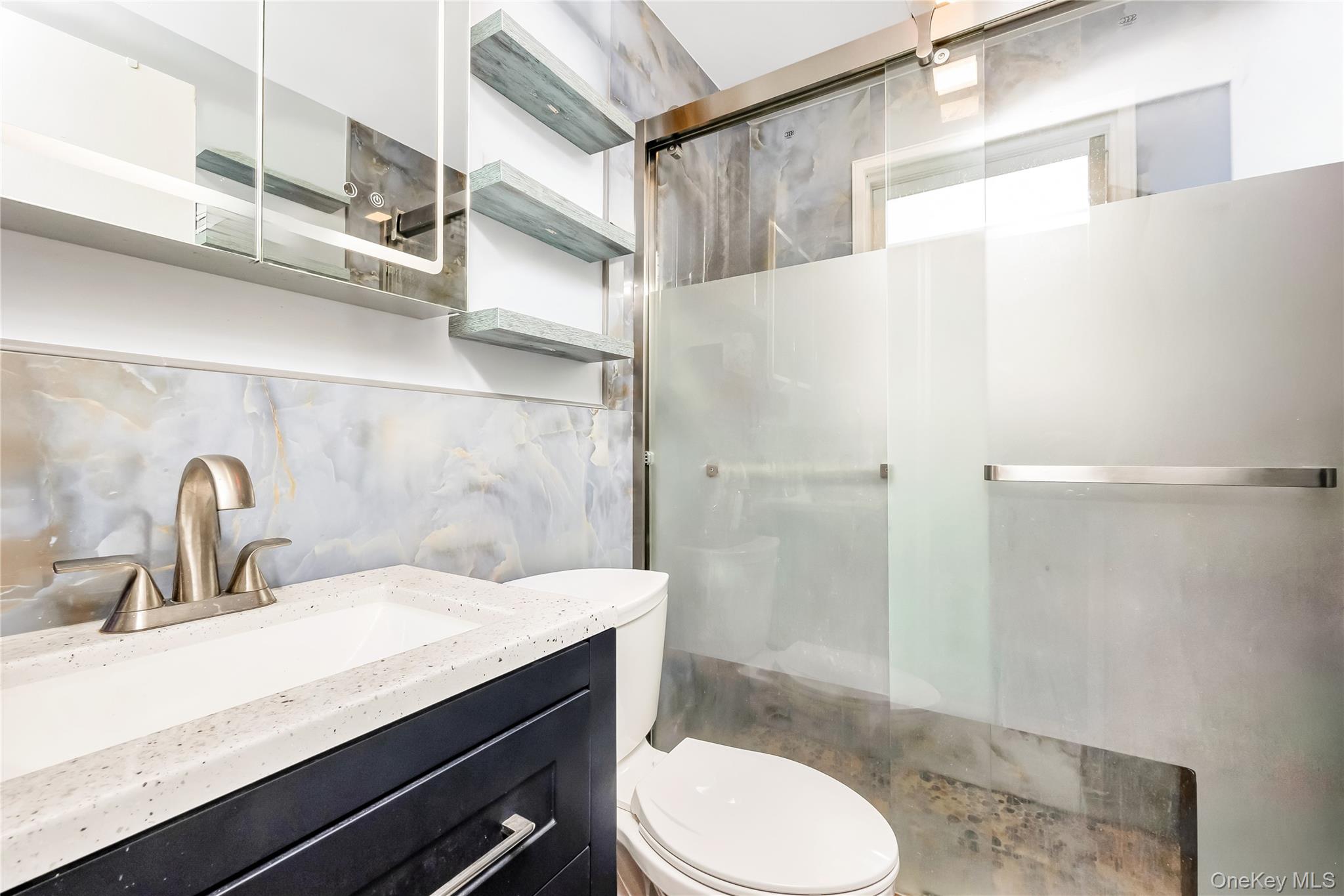 65-32 170th Street Queens, NY 11365 - Photo 10 of 24 a bathroom with a granite countertop sink a toilet a shower and a mirror