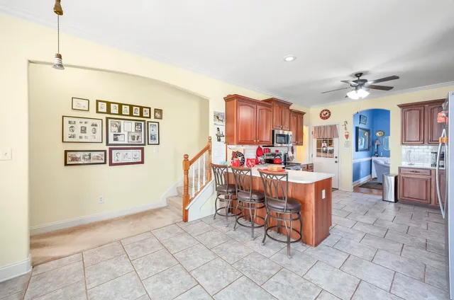 a view of a dining room with furniture