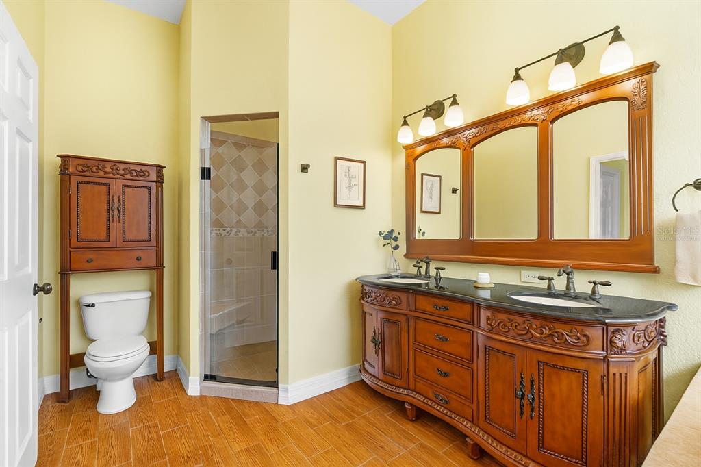 4405 North Wilder Road Plant City, FL 33565 - Photo 20 of 78 a bathroom with a granite countertop sink a toilet and a mirror
