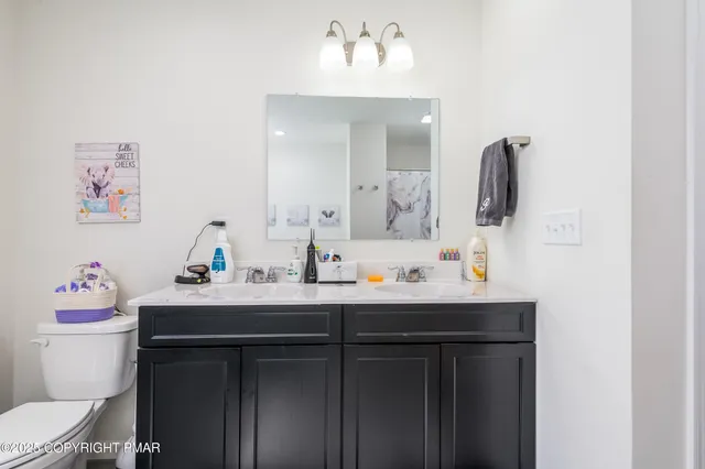 a bathroom with a sink vanity mirror and toilet