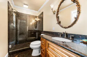 a bathroom with a granite countertop sink toilet and shower