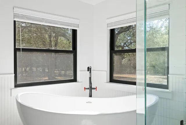 a bathroom with a bathtub