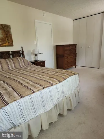 a bedroom with a bed and cabinet