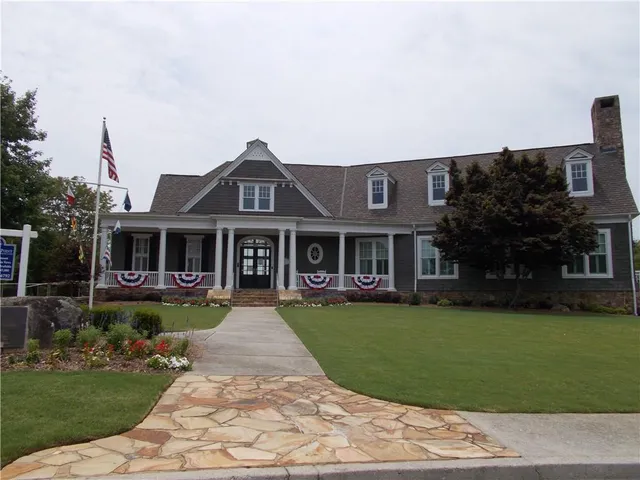 a garden view with a seating space