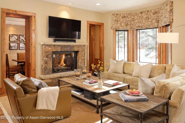 a living room with furniture a flat screen tv and a fireplace