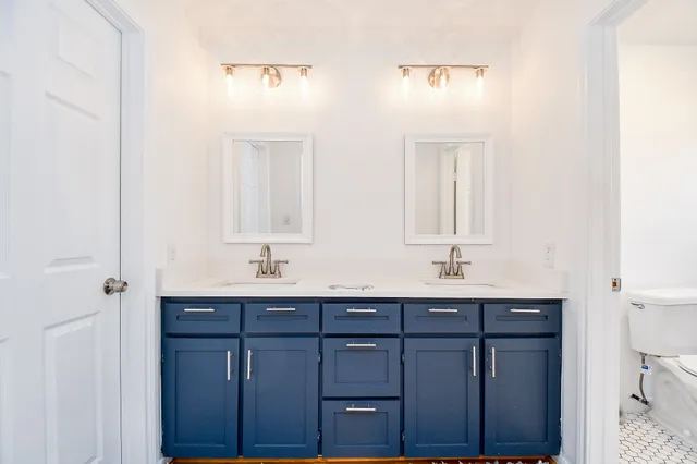 a bathroom with a sink double vanity and a mirror