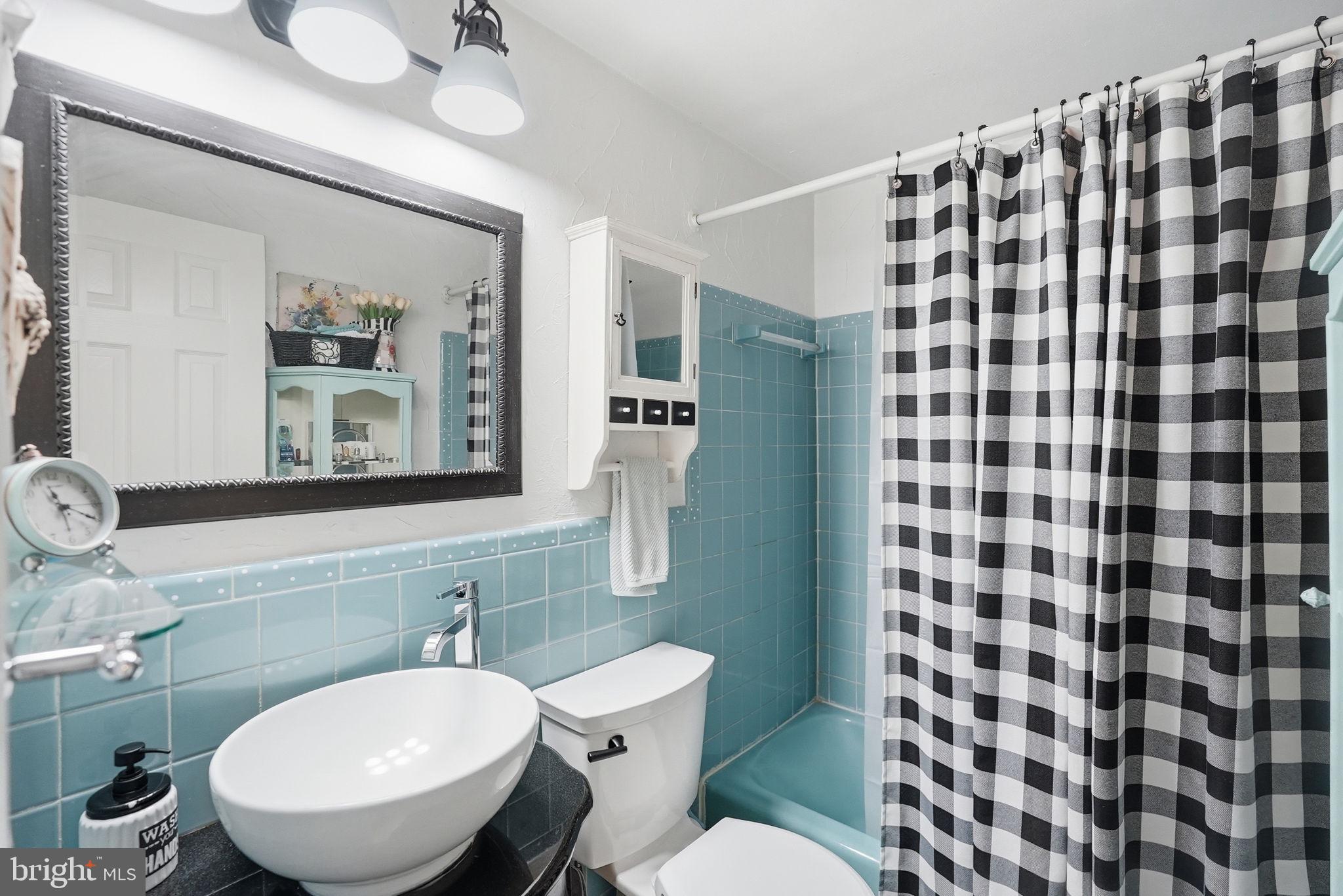 8406 Geneva Mason Road Potomac, MD 20854 - Photo 26 of 34 a bathroom with a sink a toilet a mirror and shower curtain