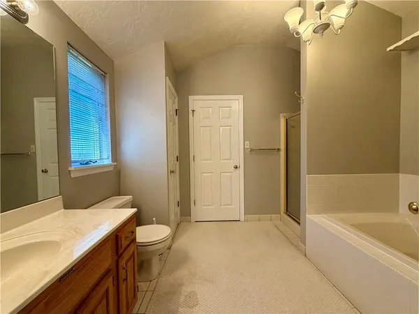 a bathroom with a granite countertop sink a toilet and shower
