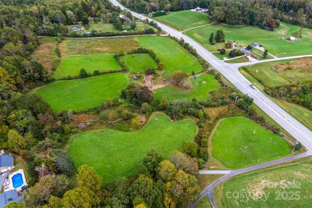 a view of a lush green field with a lake