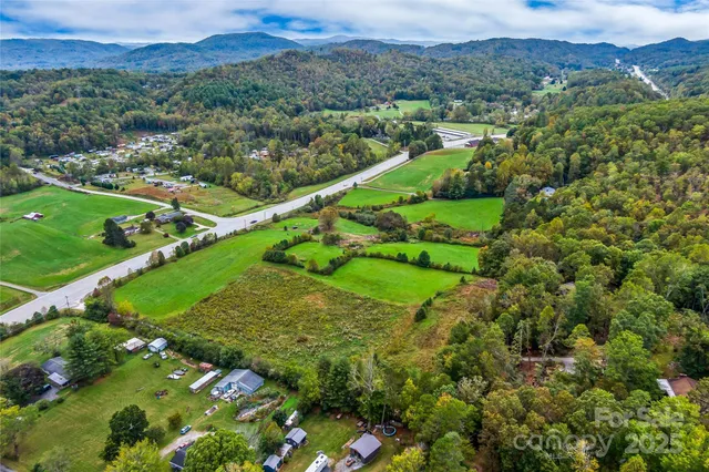 an aerial view of green landscape with trees houses and mountain view
