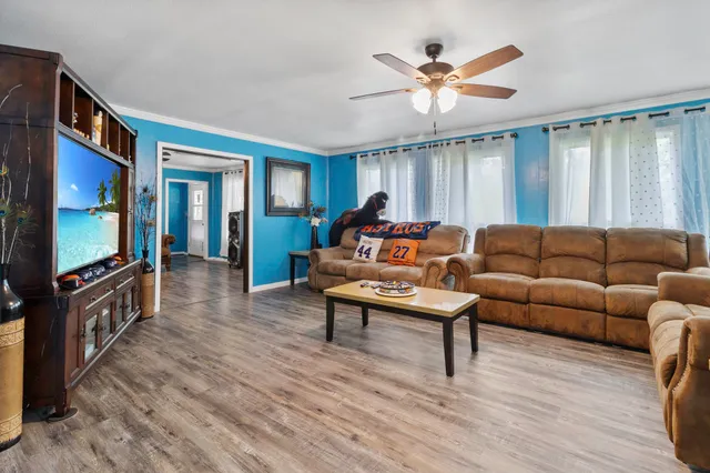 a living room with furniture ceiling fan and a wooden floor