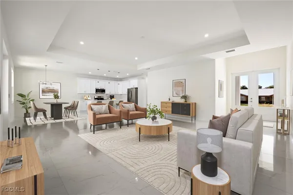 a living room with furniture and a table