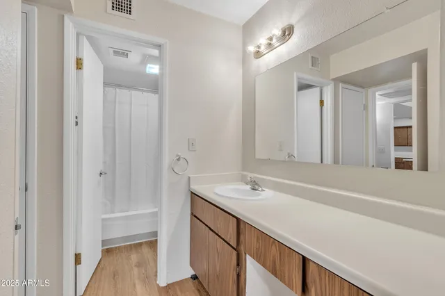 a bathroom with a sink a mirror and a shower