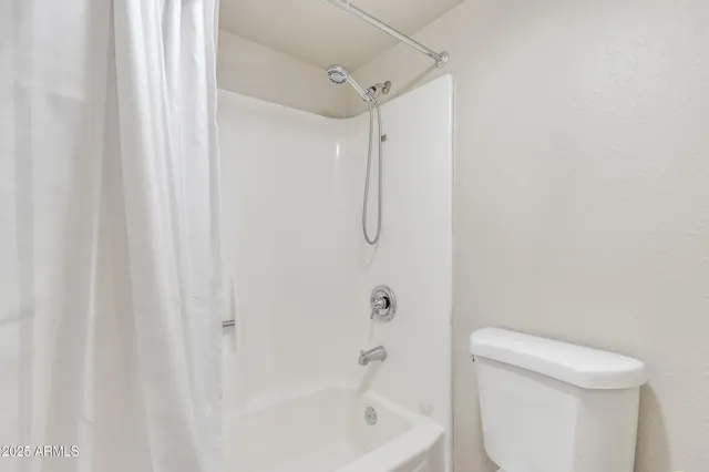 a bathroom with a shower and a toilet