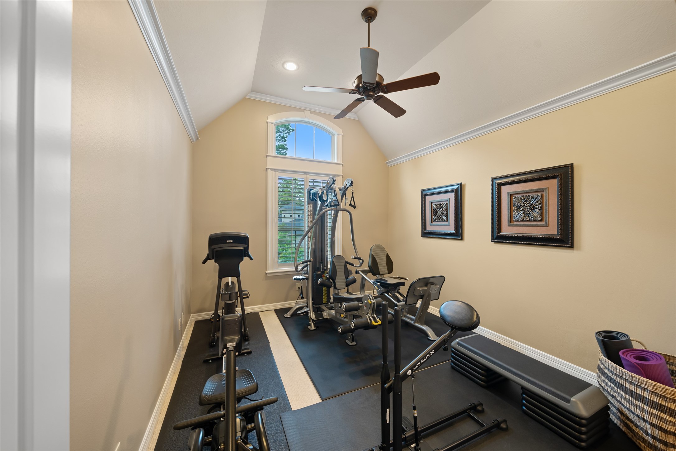 59 East Ambassador Bend Spring, TX 77382 - Photo 32 of 48 Currently utilized as a gym, this secondary bedroom suite also offers expansive cove ceilings and a statement window with plantation shutters that enhances the rooms' airy feel.