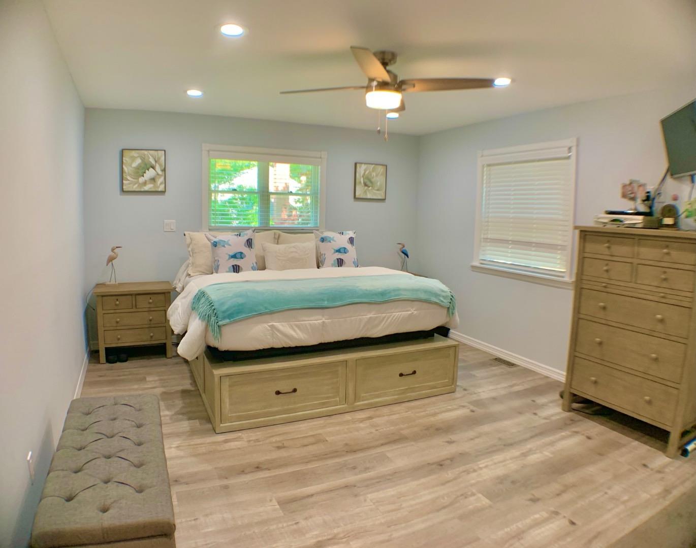 5 Spruce Street East Hampton, NY 11937 - Photo 11 of 16 Bedroom with baseboards, light wood-style floors, recessed lighting, and a ceiling fan