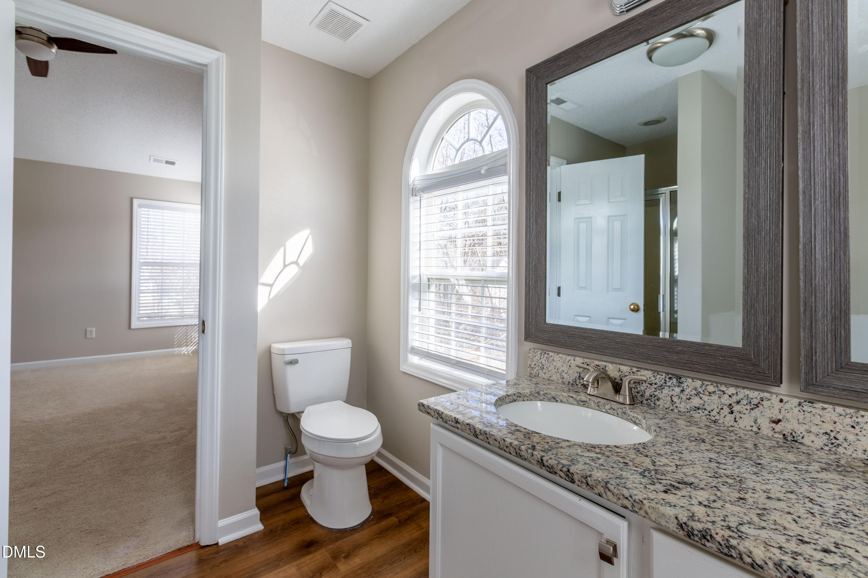 2339 School Creek Place Raleigh, NC 27606 - Photo 28 of 59 a bathroom with a granite countertop sink a toilet and a mirror