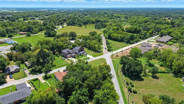 an aerial view of green landscape with trees houses and mountain view