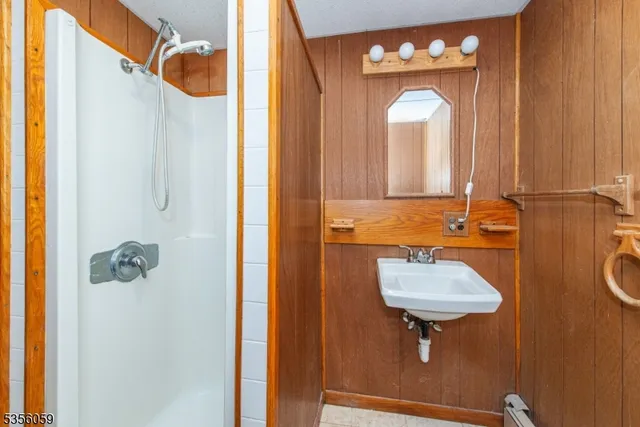 a bathroom with a sink mirror and shower