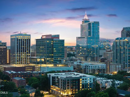 a city view with tall buildings