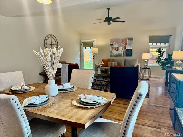 a view of a dining room with furniture
