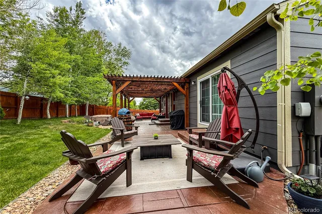 a view of a backyard with sitting area