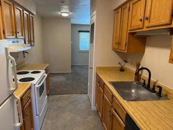 a kitchen with a sink a stove and cabinets