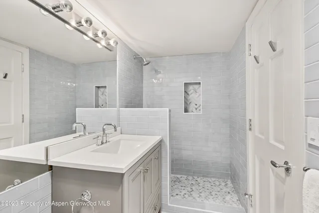 a bathroom with a sink a shower and a mirror