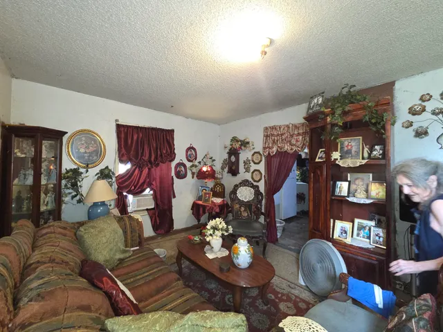 a living room with furniture and book shelf
