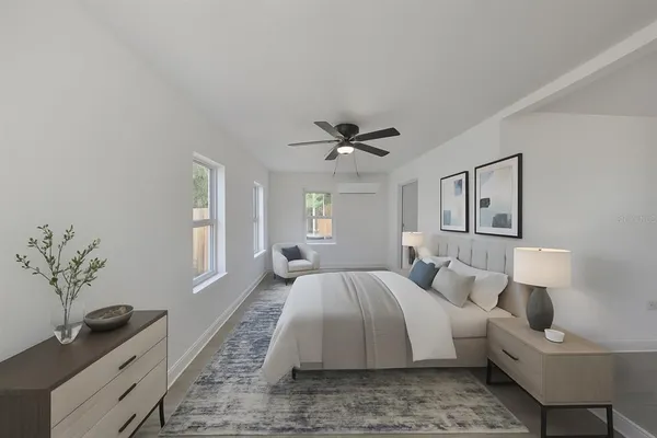 a view of workspace with window and ceiling fan