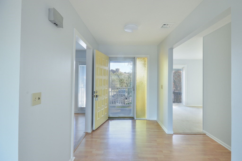 a view of a hallway with wooden floor and cabinet