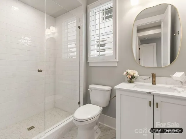 a bathroom with a toilet sink vanity and shower