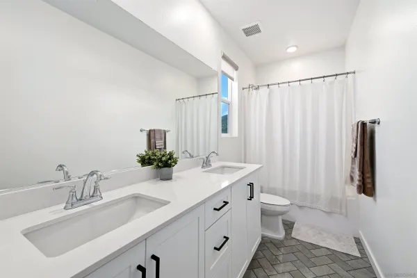 a bathroom with a double vanity sink toilet and mirror